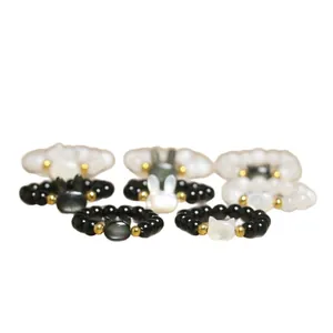 Cute handmade animal beaded rings with shell cat and rabbit charms on elastic bands