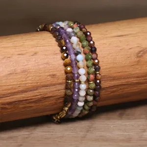 Handmade bohemian adjustable bracelet featuring multi-colored faceted natural stone beads