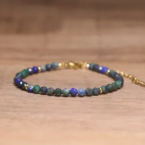 Handmade bohemian faceted natural stone beaded bracelet with adjustable gold-tone chain