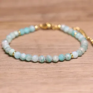 Handmade bohemian faceted natural stone beaded bracelet with adjustable gold clasp
