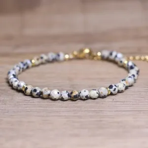 Faceted Dalmatian Jasper stone beaded bracelet with adjustable gold lobster clasp