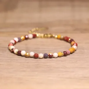 Natural faceted stone bohemian beaded adjustable bracelet with gold accents