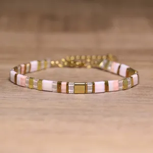 Bohemian Natural Stone Geometric Tila Beaded Bracelet Handmade Minimalist Adjustable Alloy Chain Hand Jewelry For Women Men Unisex Gift