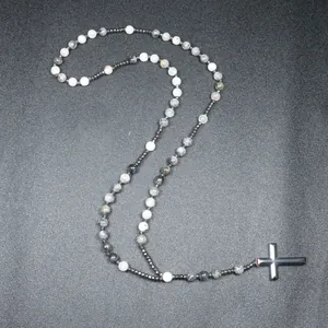 Collar rosario para hombre de cuarzo rutilado negro, hematita y colgante de cruz