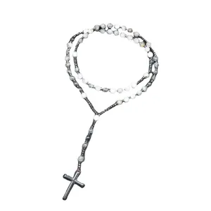 Collar rosario artesanal de piedra natural cristal negro y cuentas de hematites