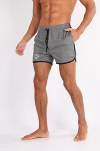 Detailansicht der grauen Mesh-Sportshorts für Herren mit Pfoten-Logo und Rand.