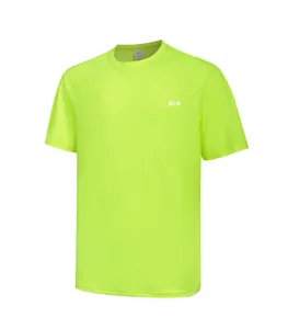 Close-up detail of neon green quick-dry sports t-shirt with small grid texture and RUN logo