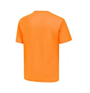 Close-up back view of a men's orange quick-dry sports T-shirt featuring a grid pattern