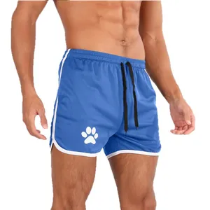 Blaue schnelltrocknende Herren-Mesh-Fitness-Shorts mit Pfotenabdruck-Logo und weißem Rand