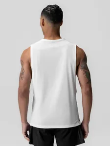 Débardeur de sport en maille respirante blanche pour hommes, vue de dos, séchage rapide.