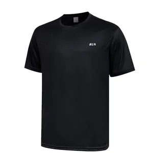 Men's black quick-dry sports T-shirt with small grid texture and RUN print on chest.