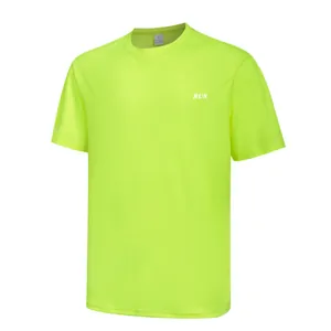 Men's neon green quick-dry sports t-shirt with small checkered texture and RUN print