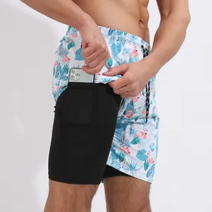 Short de plage double couche pour homme avec imprimé flamant et poche intérieure