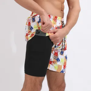 Pantaloncini da mare 2 in 1 da uomo con stampa a mano colorata e tasca per cellulare