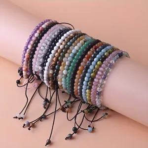 Collection of multi-color 4mm natural stone beaded bracelets with adjustable woven cords.