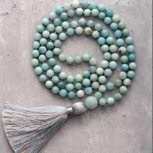 Natural Stone Mala Bead Necklace Tassel Pendant Handmade Amazonite Agate Cross Necklace Set Bohemian Ethnic Jewelry For Women Men