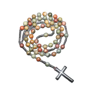 Handmade 108 natural stone beads rosary prayer necklace with a metallic cross pendant