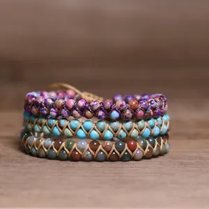 Pulsera de Cuentas de Ágata de la India Tejida a Mano para Mujeres Hombres Piedra Natural Doble Capa Ajustable