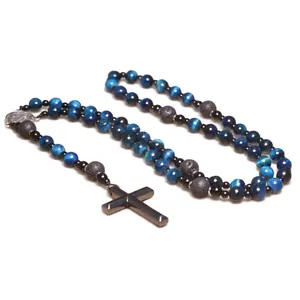 Blue tiger eye and lava stone rosary necklace with metallic cross pendant for men
