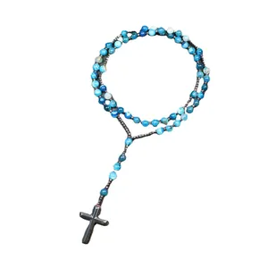 Blue striped agate stone beaded rosary necklace with metallic hematite cross pendant