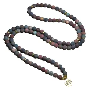 Handmade Natural Picasso Stone 108 Mala beads necklace with gold lotus flower charm