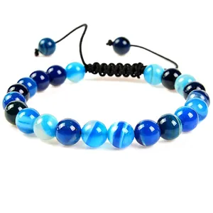 Natuurlijke blauwe agaat edelsteen kralen armband met verstelbaar zwart koord