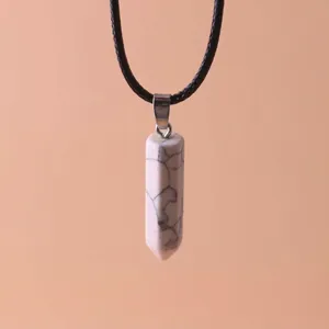 Minimalist hexagonal white marble stone bullet pendant necklace with black braided cord