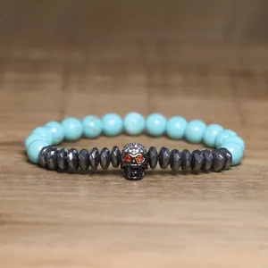 Gothic Skull Natural Stone Beaded Bracelet For Unisex Handmade Hematite Faceted Stone Rhinestone Punk Style Jewelry Bracelet