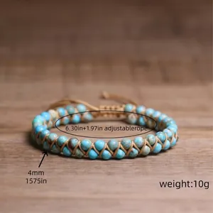 Pulsera tejida de cuentas de piedra azul de 4 mm de doble capa hecha a mano