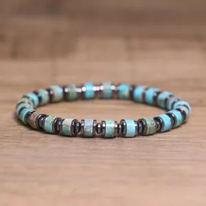 Bohemian Natural Imperial Stone Hematite Spacer Beaded Bracelet For Men Women Elastic Cord Ethnic Style Stone Hand Chain Jewelry
