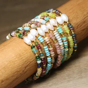 Handmade Baroque Pearl Natural Stone Beaded Bracelet For Women Rainbow Tourmaline Turquoise Boho Jewelry Adjustable Gift
