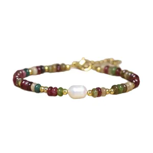 Exquisite handmade baroque pearl bracelet featuring colorful natural stone tourmaline beads.