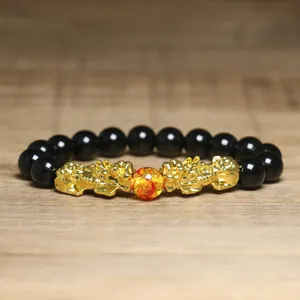Bracelet de richesse traditionnel Feng Shui Pixiu avec perles d'obsidienne noire et or