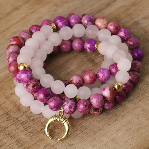 Collar de Cuentas de Mala de Cuarzo Rosa y Jaspe Imperial Con Colgante de Luna Vintage Joyería de Meditación Yoga Unisex