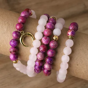 Collar de 108 cuentas Mala de cuarzo rosa natural y jaspe púrpura con luna de oro