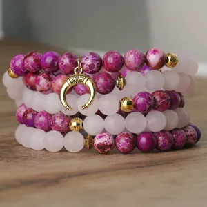 Collar de 108 cuentas Mala de jaspe imperial púrpura y cuarzo rosa con luna creciente