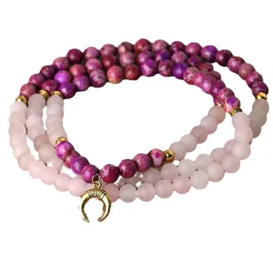 Collar de 108 cuentas Mala con cuarzo rosa, piedra imperial y colgante de luna dorada