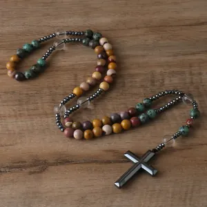 Natural stone bead rosary necklace with hematite cross pendant for daily prayer