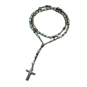 Natural green jasper and metallic hematite beaded rosary necklace with a cross pendant