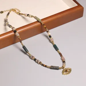Maillard style beaded necklace with tiger eye stones and golden evil eye pendant