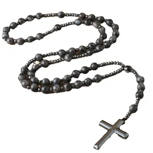 Labradorite bead necklace with hematite cross pendant for prayer and meditation