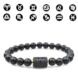Pulsera de Cuentas de 12 Signos del Zodiaco Para Mujeres Hombres Piedra Natural Negro Mate Obsidiana Pulsera Ajustable Regalo de Cumpleaños
