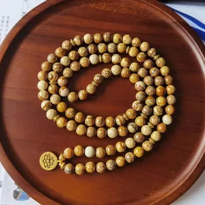 Collier Mala en Pierre Naturelle Jaspe Paysage Bracelet Enroulé Pendentif Fleur de Lotus Zen Bijoux de Méditation pour Unisexe
