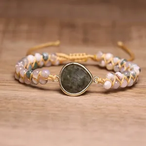 Handgemaakte Geweven Dubbellaagse Armband Natuurlijke Labradoriet Mosagaat Steen Kralen Armband Voor Vrouwen Boho Sieraden
