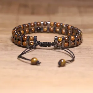 Handcrafted double-layer 4mm tiger eye and hematite stone bead adjustable bracelet