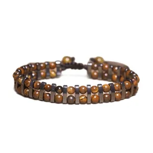 Vintage 4mm double-layered tiger eye stone and black hematite beaded elastic bracelet