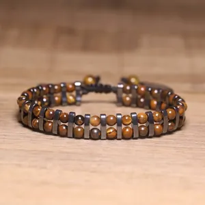 Double Layer Tiger Eye Stone Hematite Faceted Beads Bracelet European Vintage Natural Stone Elastic Unisex Jewelry
