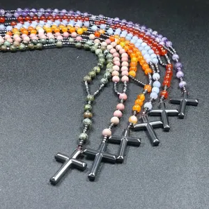 Variedad de collares Mala de piedras naturales con colgantes de cruz de hematita gris