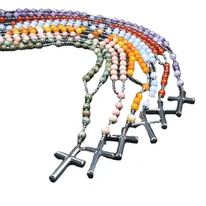 Collar de cuentas Mala de piedra natural con colgante de cruz de hematita.