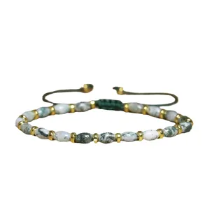 Handmade adjustable moss agate beaded bracelet with vintage bohemian style for women